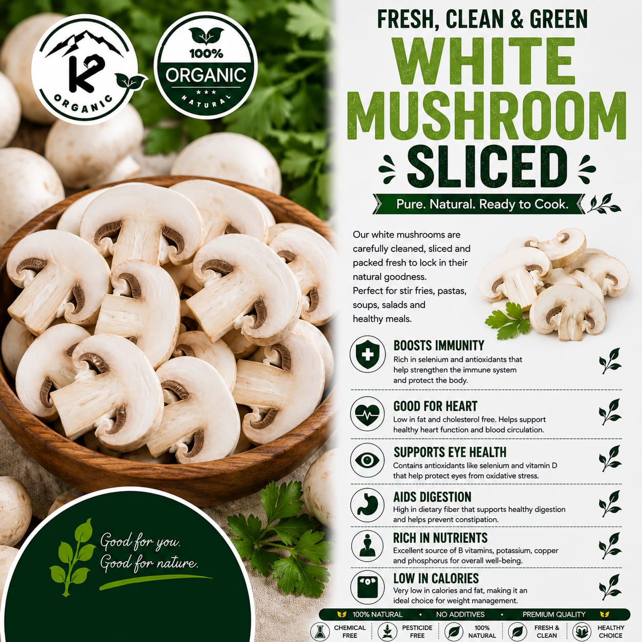 Clean Greens White Mushrooms (Sliced) 250g